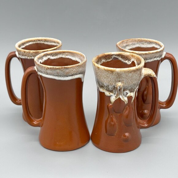 Vintage Stoneware Dripware Bowling Mugs Sets Brown Ceramic Big Lebowski Style - Picture 10 of 11